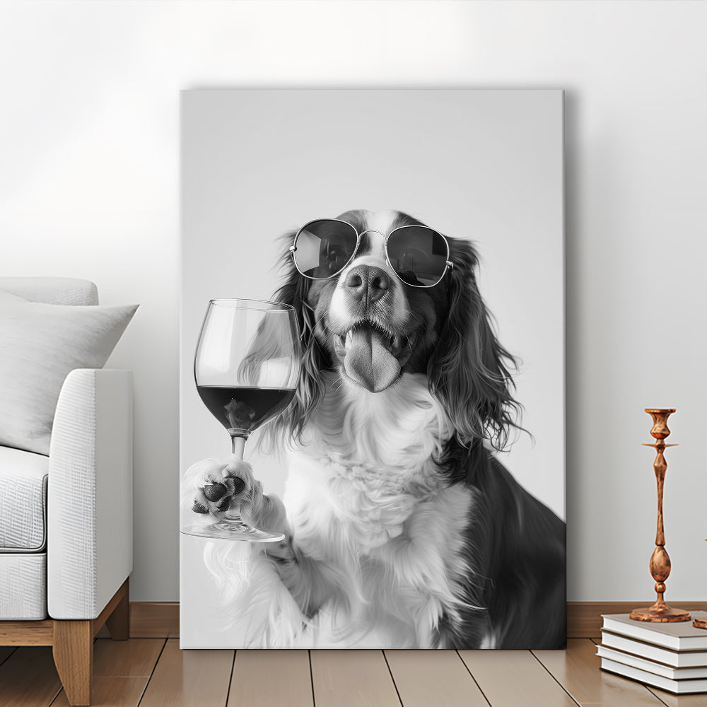 Brittany Spaniel and Wine Canvas Print Wall Art, Black and White, Brittany Print, Pet Art, Bar Cart Print