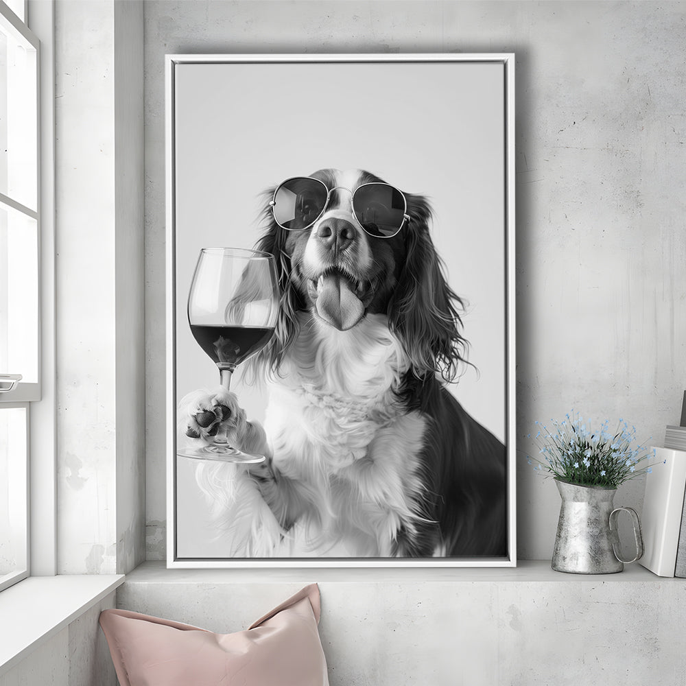 Brittany Spaniel and Wine Framed Canvas Print Wall Art, Black and White, Brittany Print, Pet Art, Bar Cart Print