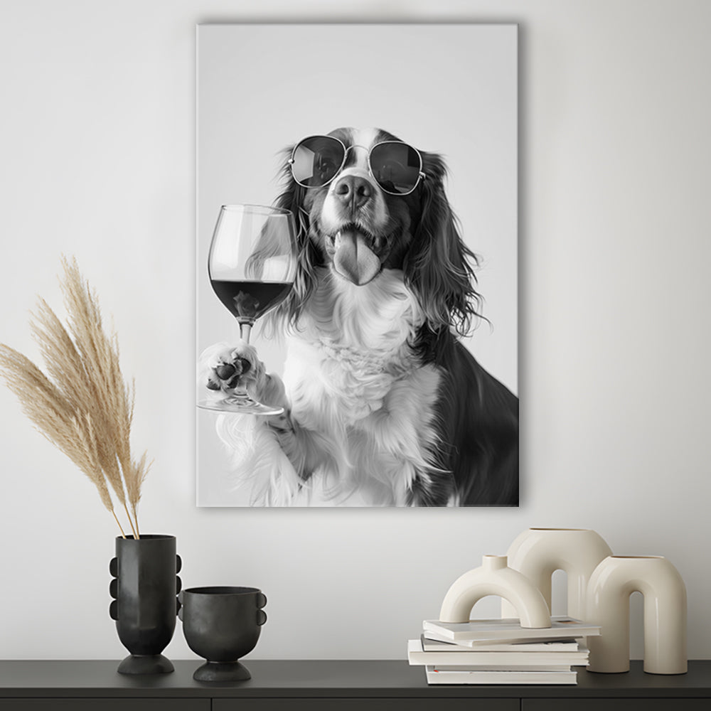 Brittany Spaniel and Wine Canvas Print Wall Art, Black and White, Brittany Print, Pet Art, Bar Cart Print