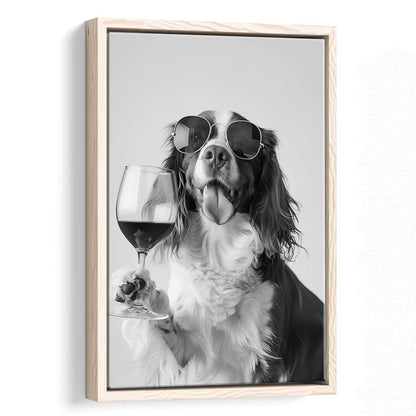 Brittany Spaniel and Wine Framed Canvas Print Wall Art, Black and White, Brittany Print, Pet Art, Bar Cart Print