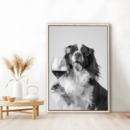 Brittany Spaniel and Wine Framed Canvas Print Wall Art, Black and White, Brittany Print, Pet Art, Bar Cart Print