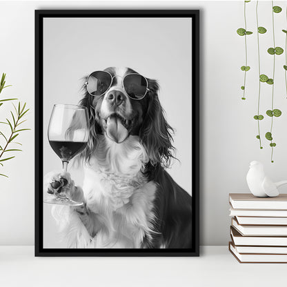 Brittany Spaniel and Wine Framed Canvas Print Wall Art, Black and White, Brittany Print, Pet Art, Bar Cart Print