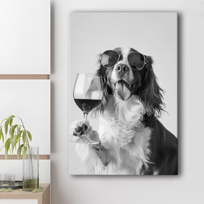 Brittany Spaniel and Wine Canvas Print Wall Art, Black and White, Brittany Print, Pet Art, Bar Cart Print