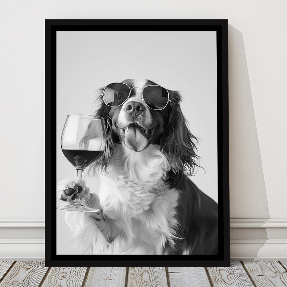Brittany Spaniel and Wine Framed Canvas Print Wall Art, Black and White, Brittany Print, Pet Art, Bar Cart Print