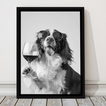 Brittany Spaniel and Wine Framed Canvas Print Wall Art, Black and White, Brittany Print, Pet Art, Bar Cart Print