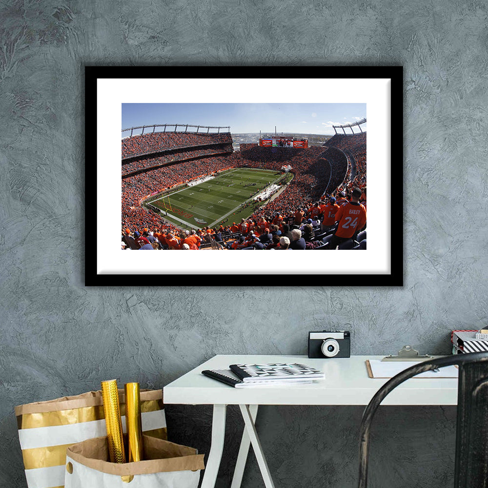 Broncos Stadium at Mile High, Stadium Canvas, Sport Art, Gift for him, White Border Framed Art Print Wall Decor