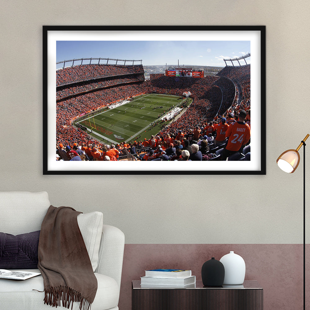 Broncos Stadium at Mile High, Stadium Canvas, Sport Art, Gift for him, White Border Framed Art Print Wall Decor