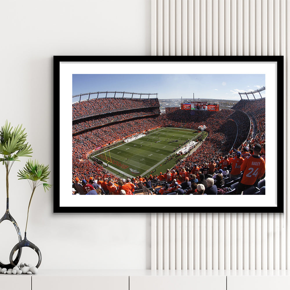 Broncos Stadium at Mile High, Stadium Canvas, Sport Art, Gift for him, White Border Framed Art Print Wall Decor