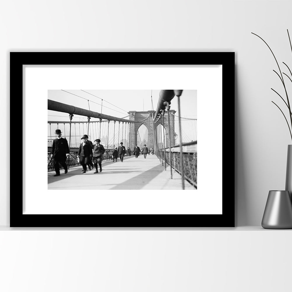Brooklyn Bridge Black and White Art Industrial Wall Art, Framed Art Print White Border Wall Decor