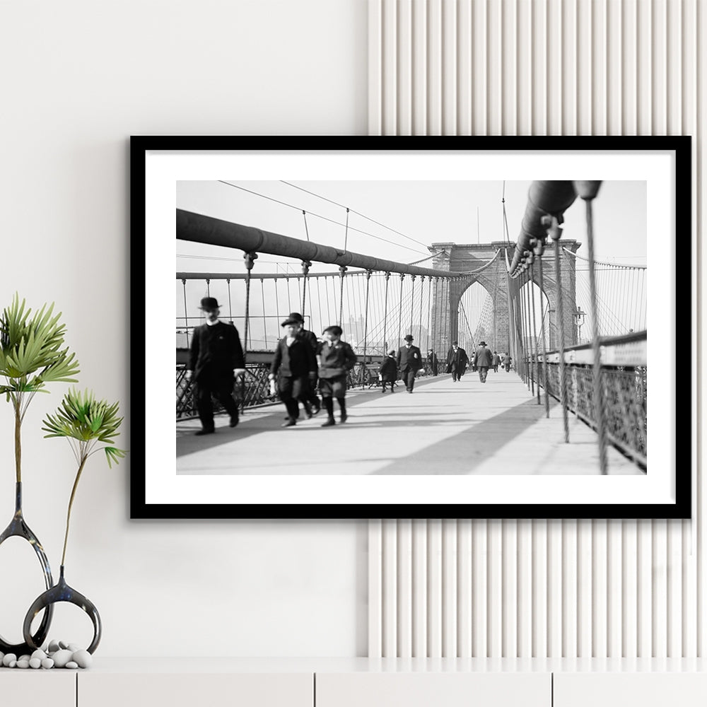 Brooklyn Bridge Black and White Art Industrial Wall Art, Framed Art Print White Border Wall Decor