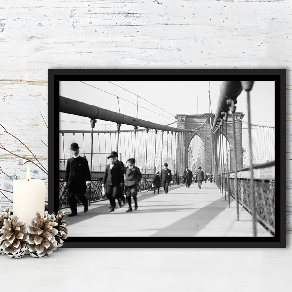 Brooklyn Bridge Black and White Art Industrial Wall Art, Floating Framed Canvas Print