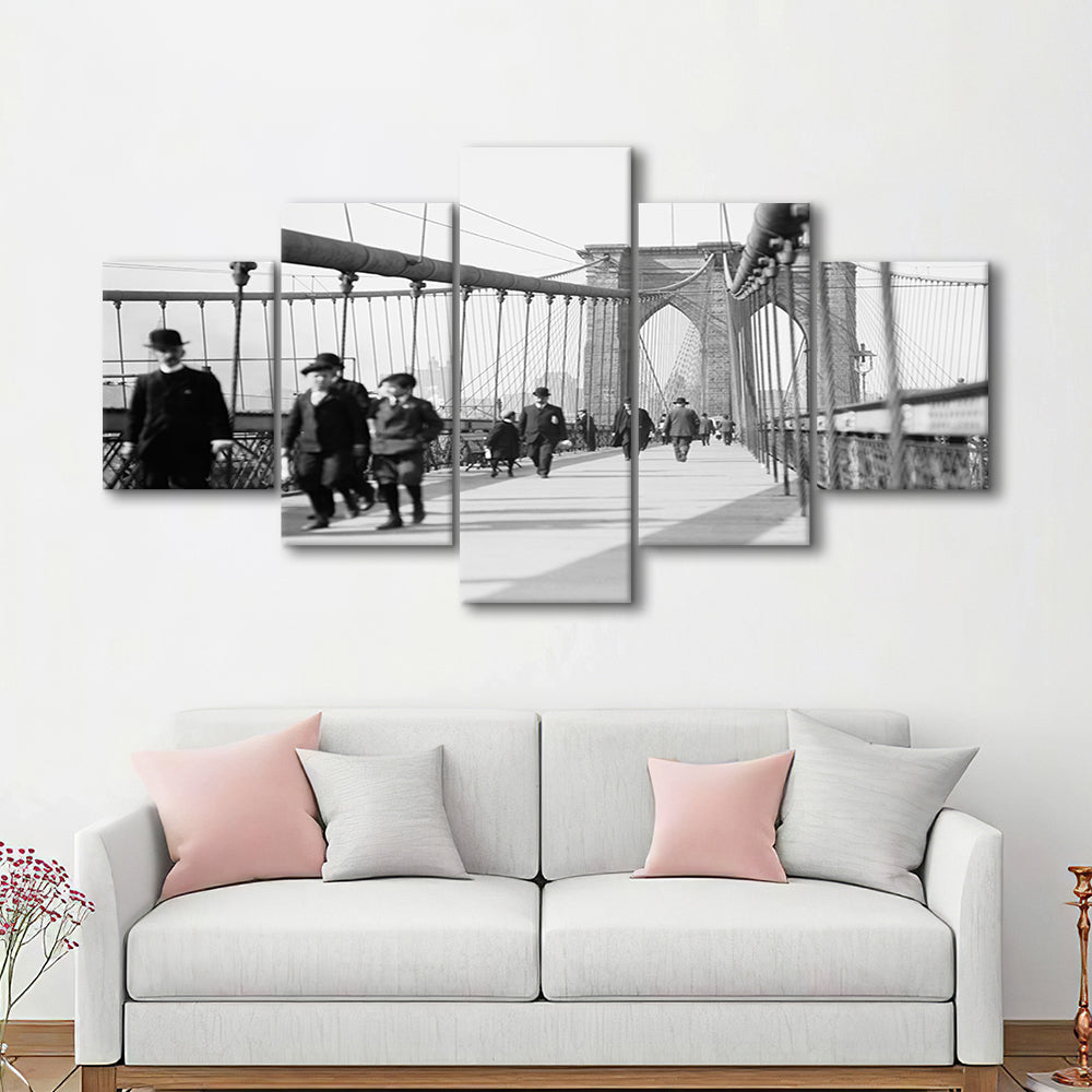 Brooklyn Bridge Black and White Art Industrial Wall Art, Mixed 5 Pieces Canvas Print
