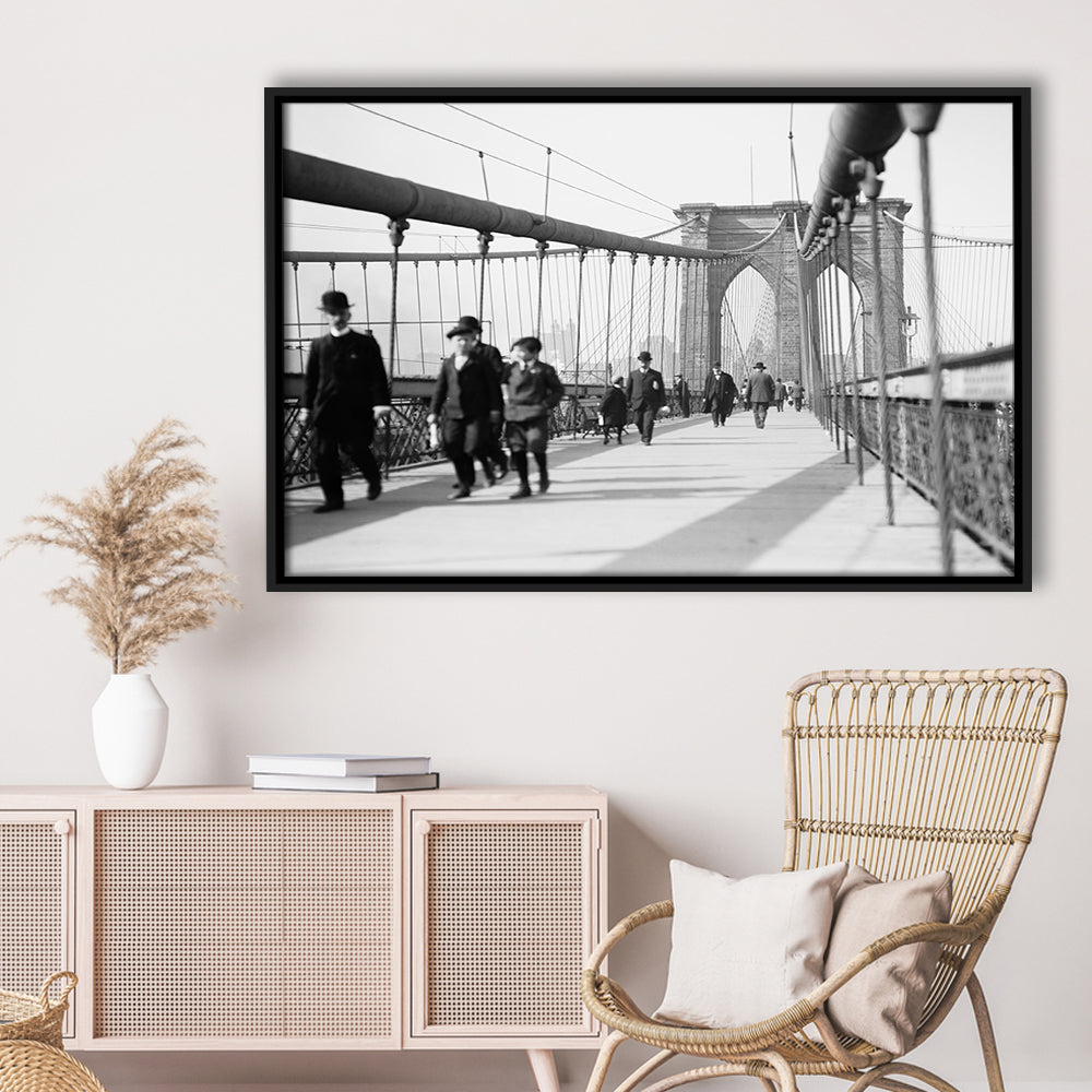 Brooklyn Bridge Black and White Art Industrial Wall Art, Floating Framed Canvas Print