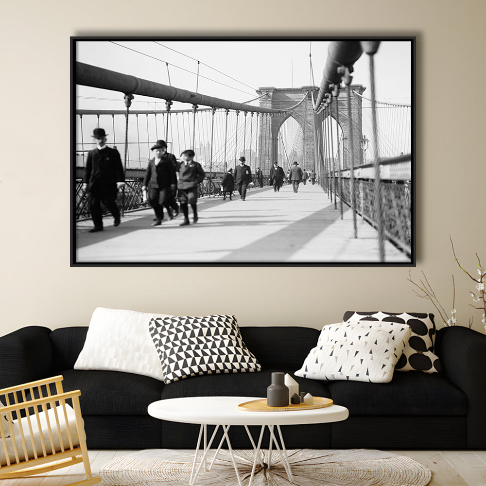 Brooklyn Bridge Black and White Art Industrial Wall Art, Floating Framed Canvas Print