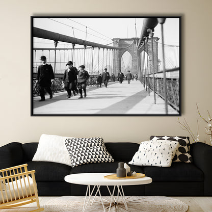 Brooklyn Bridge Black and White Art Industrial Wall Art, Floating Framed Canvas Print