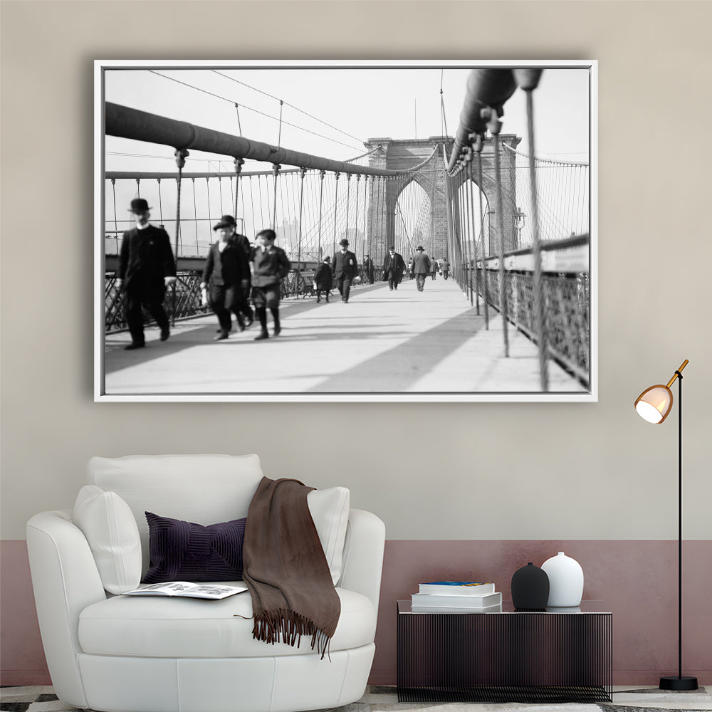Brooklyn Bridge Black and White Art Industrial Wall Art, Floating Framed Canvas Print