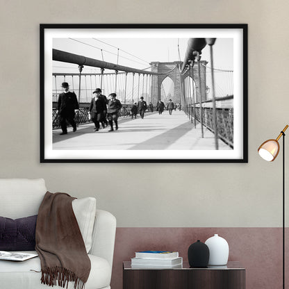 Brooklyn Bridge Black and White Art Industrial Wall Art, Framed Art Print White Border Wall Decor