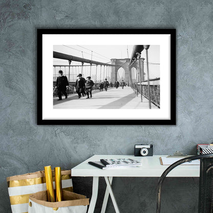 Brooklyn Bridge Black and White Art Industrial Wall Art, Framed Art Print White Border Wall Decor