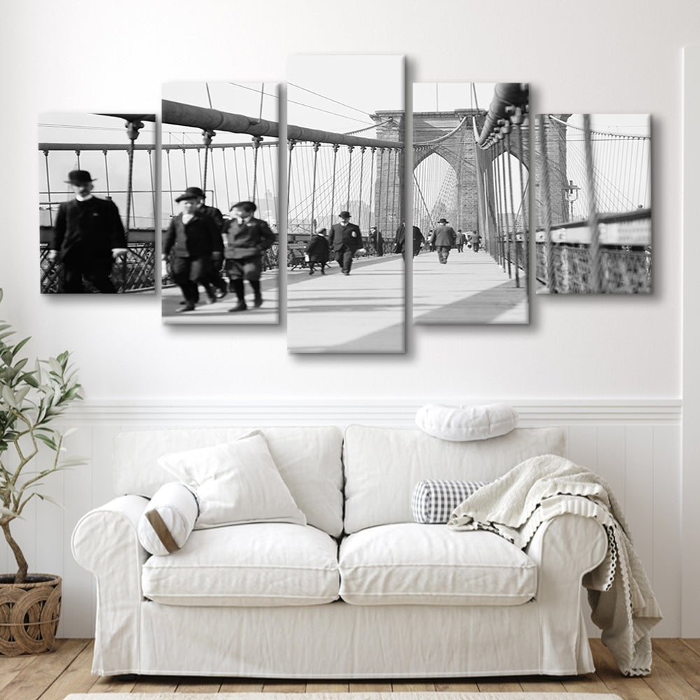 Brooklyn Bridge Black and White Art Industrial Wall Art, Mixed 5 Pieces Canvas Print