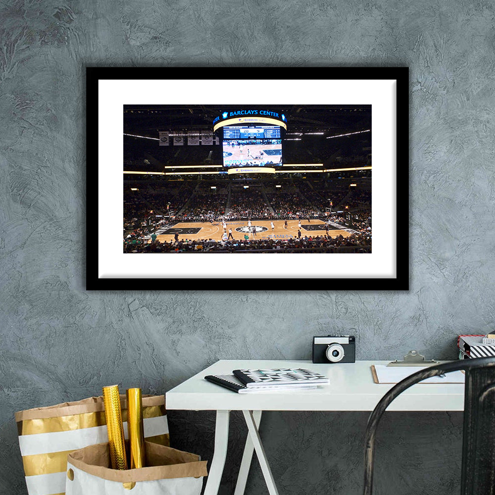 Brooklyn Nets at Barclays Center, Stadium Canvas, Sport Art, Gift for him, White Border Framed Art Print Wall Decor
