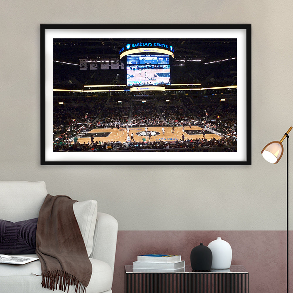 Brooklyn Nets at Barclays Center, Stadium Canvas, Sport Art, Gift for him, White Border Framed Art Print Wall Decor