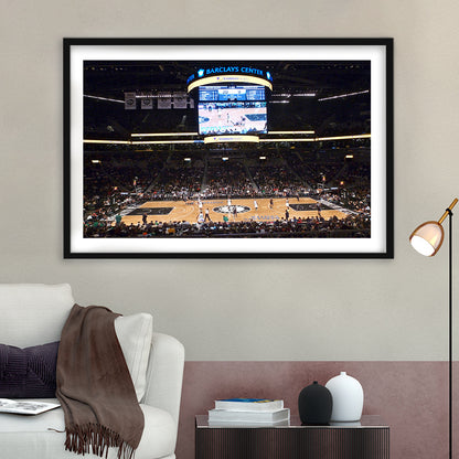 Brooklyn Nets at Barclays Center, Stadium Canvas, Sport Art, Gift for him, White Border Framed Art Print Wall Decor
