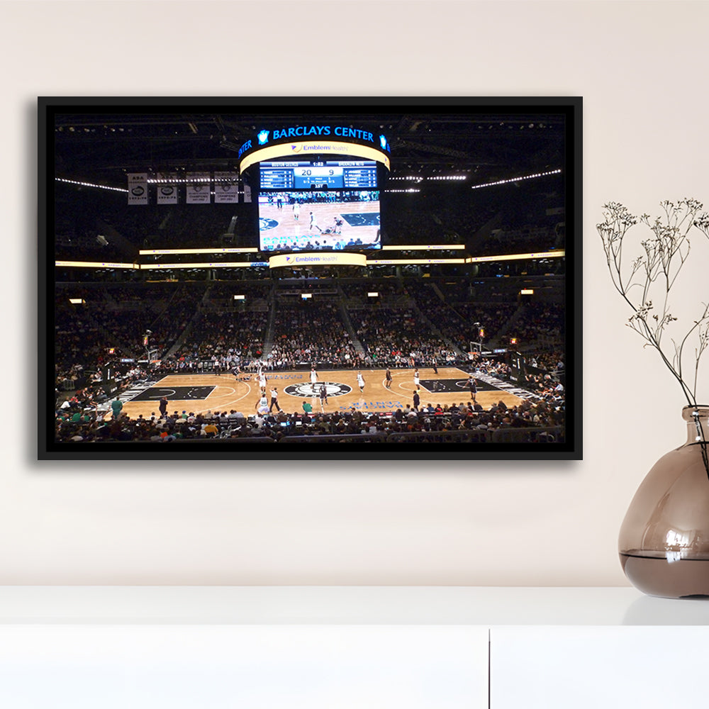 Brooklyn Nets at Barclays Center, Stadium Canvas, Sport Art, Framed Canvas Print Wall Art, Floating Frame