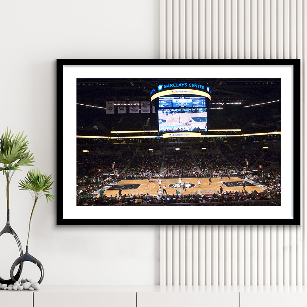 Brooklyn Nets at Barclays Center, Stadium Canvas, Sport Art, Gift for him, White Border Framed Art Print Wall Decor
