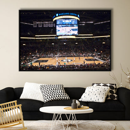 Brooklyn Nets at Barclays Center, Stadium Canvas, Sport Art, Framed Canvas Print Wall Art, Floating Frame