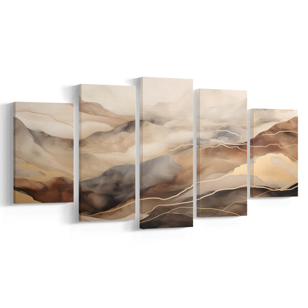 Brown Beige, Abstract Marble Mountain Landscape Painting, 5 Panel Mixed Canvas Print Wall Art, Large Canvas
