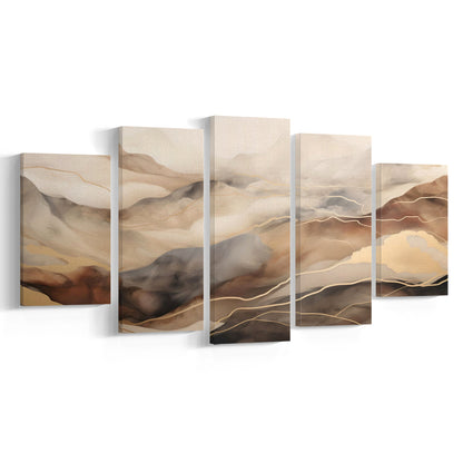 Brown Beige, Abstract Marble Mountain Landscape Painting, 5 Panel Mixed Canvas Print Wall Art, Large Canvas