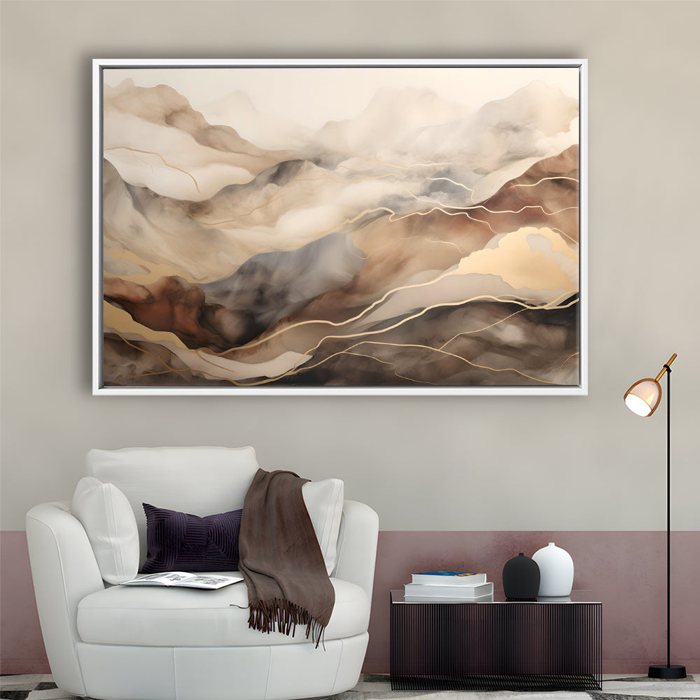 Brown Beige, Abstract Marble Mountain Landscape Painting, Framed Canvas Print Wall Art, Floating Frame