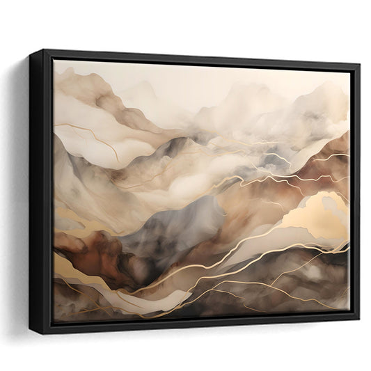 Brown Beige, Abstract Marble Mountain Landscape Painting, Framed Canvas Print Wall Art, Floating Frame