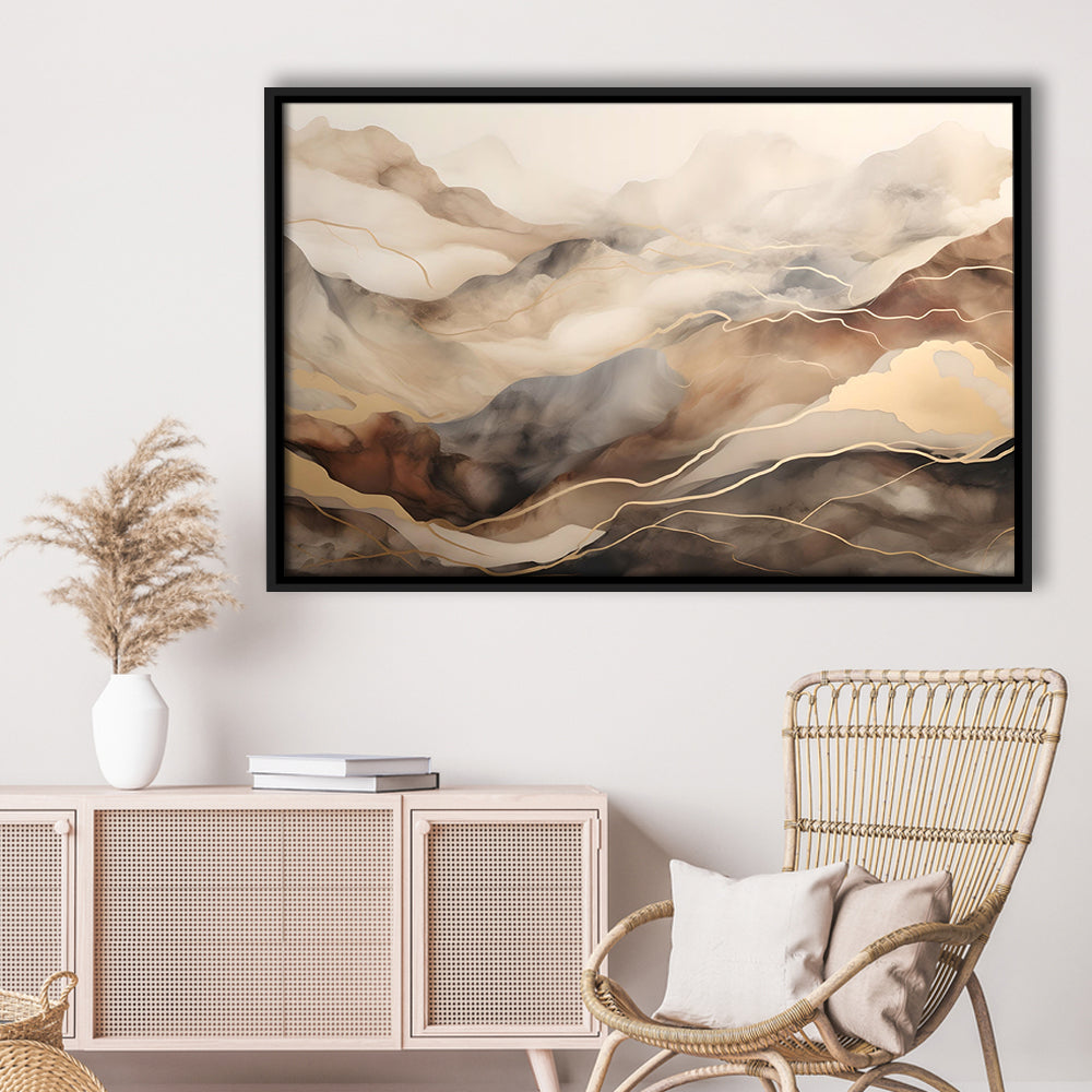 Brown Beige, Abstract Marble Mountain Landscape Painting, Framed Canvas Print Wall Art, Floating Frame