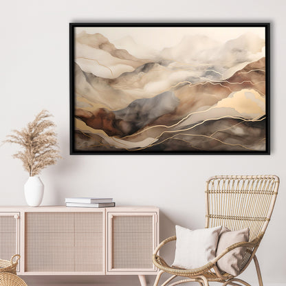 Brown Beige, Abstract Marble Mountain Landscape Painting, Framed Canvas Print Wall Art, Floating Frame