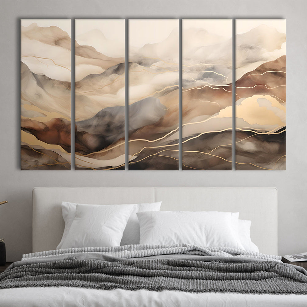 Brown Beige, Abstract Marble Mountain Landscape Painting, 5 Panel B Canvas Print Wall Art, Extra Large Canvas