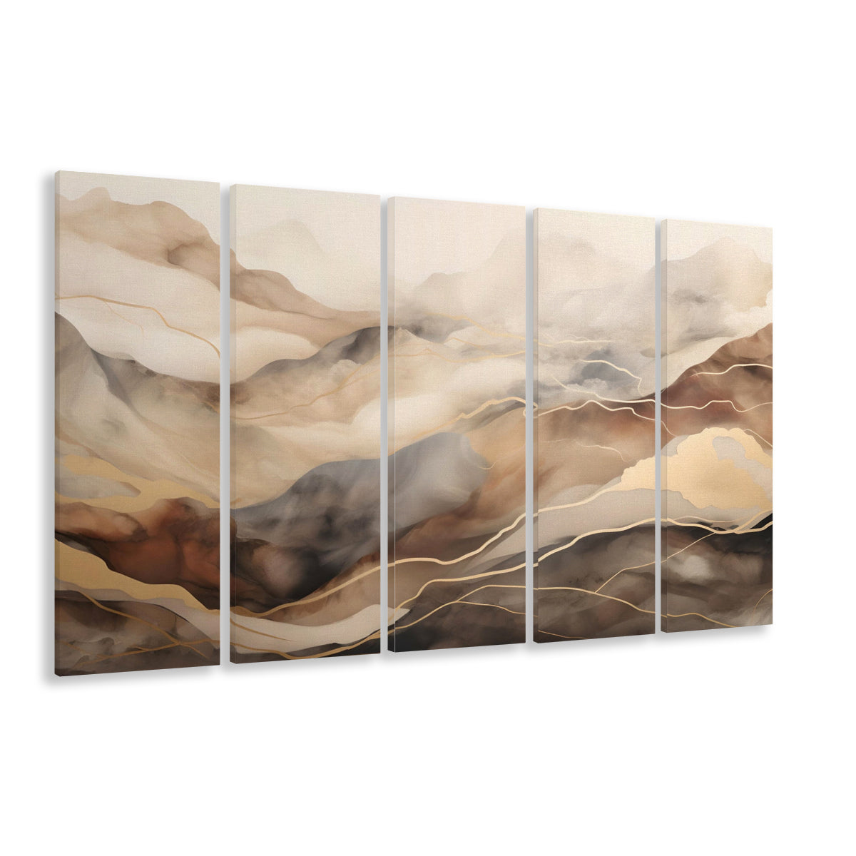 Brown Beige, Abstract Marble Mountain Landscape Painting, 5 Panel B Canvas Print Wall Art, Extra Large Canvas