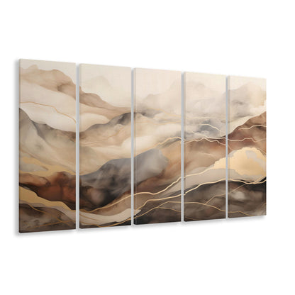 Brown Beige, Abstract Marble Mountain Landscape Painting, 5 Panel B Canvas Print Wall Art, Extra Large Canvas