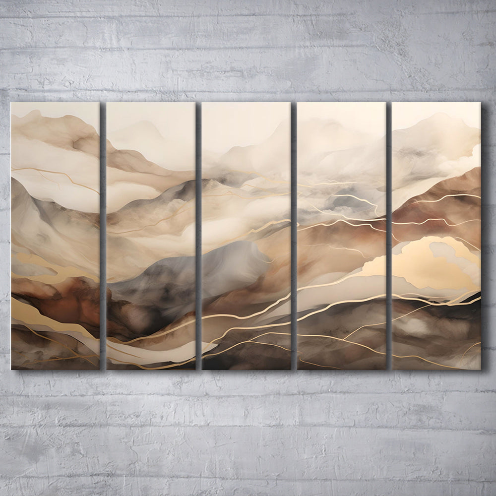 Brown Beige, Abstract Marble Mountain Landscape Painting, 5 Panel B Canvas Print Wall Art, Extra Large Canvas