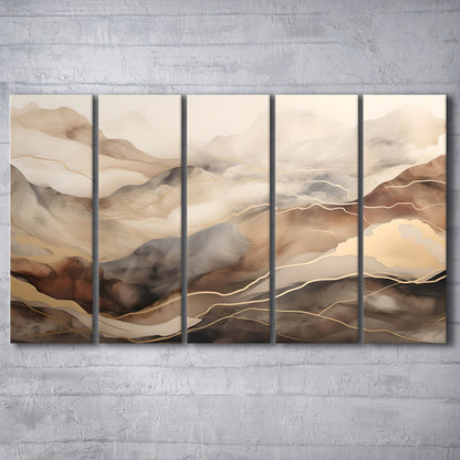 Brown Beige, Abstract Marble Mountain Landscape Painting, 5 Panel B Canvas Print Wall Art, Extra Large Canvas