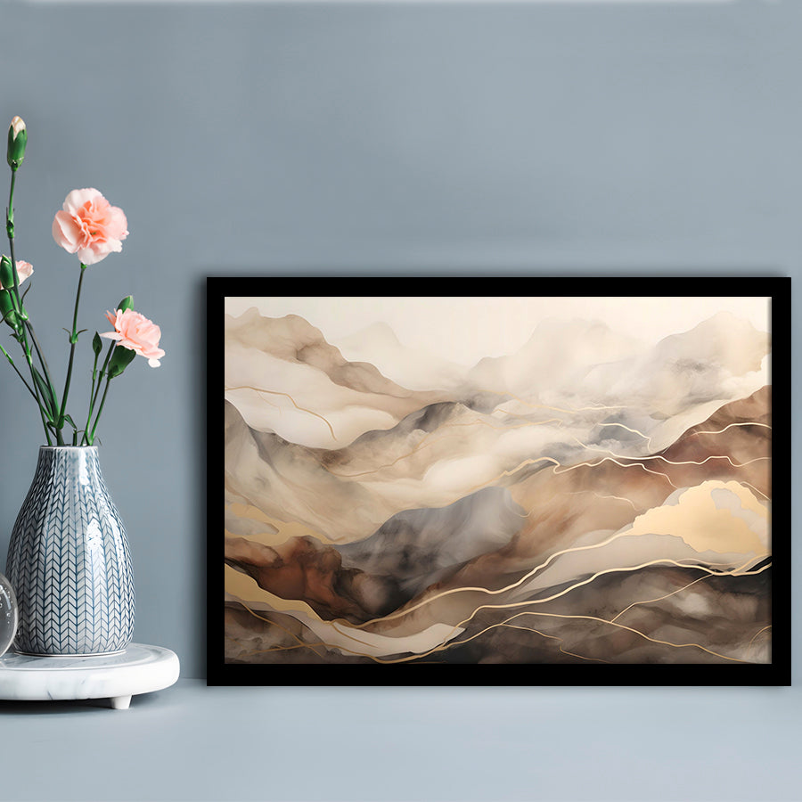 Brown Beige, Abstract Marble Mountain Landscape Painting, Framed Art Print Wall Decor, Picture Framed