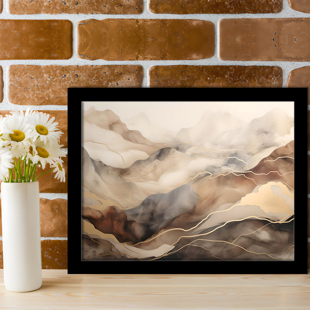 Brown Beige, Abstract Marble Mountain Landscape Painting, Framed Art Print Wall Decor, Picture Framed