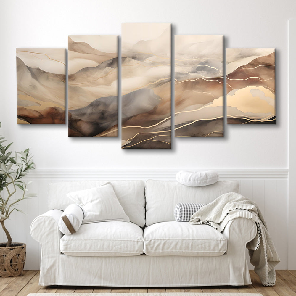 Brown Beige, Abstract Marble Mountain Landscape Painting, 5 Panel Mixed Canvas Print Wall Art, Large Canvas