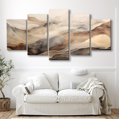 Brown Beige, Abstract Marble Mountain Landscape Painting, 5 Panel Mixed Canvas Print Wall Art, Large Canvas