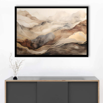 Brown Beige, Abstract Marble Mountain Landscape Painting, Framed Art Print Wall Decor, Picture Framed