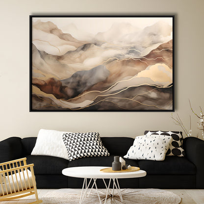 Brown Beige, Abstract Marble Mountain Landscape Painting, Framed Canvas Print Wall Art, Floating Frame