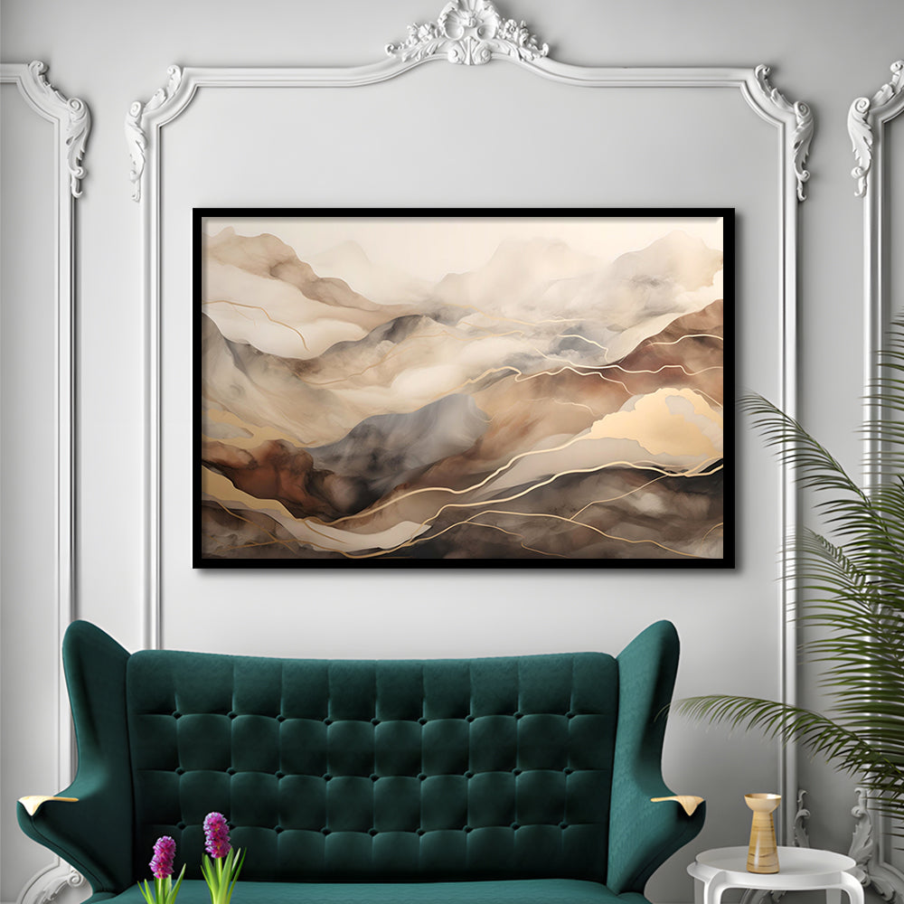 Brown Beige, Abstract Marble Mountain Landscape Painting, Framed Art Print Wall Decor, Picture Framed