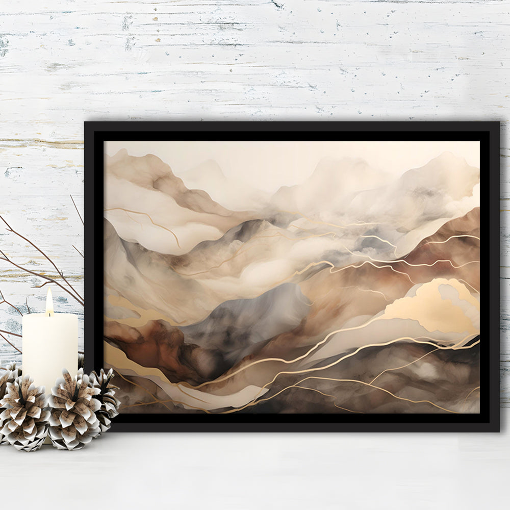 Brown Beige, Abstract Marble Mountain Landscape Painting, Framed Canvas Print Wall Art, Floating Frame