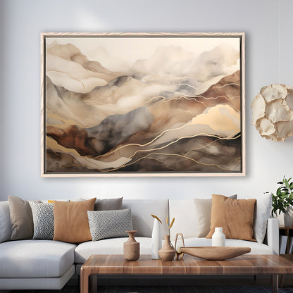 Brown Beige, Abstract Marble Mountain Landscape Painting, Framed Canvas Print Wall Art, Floating Frame