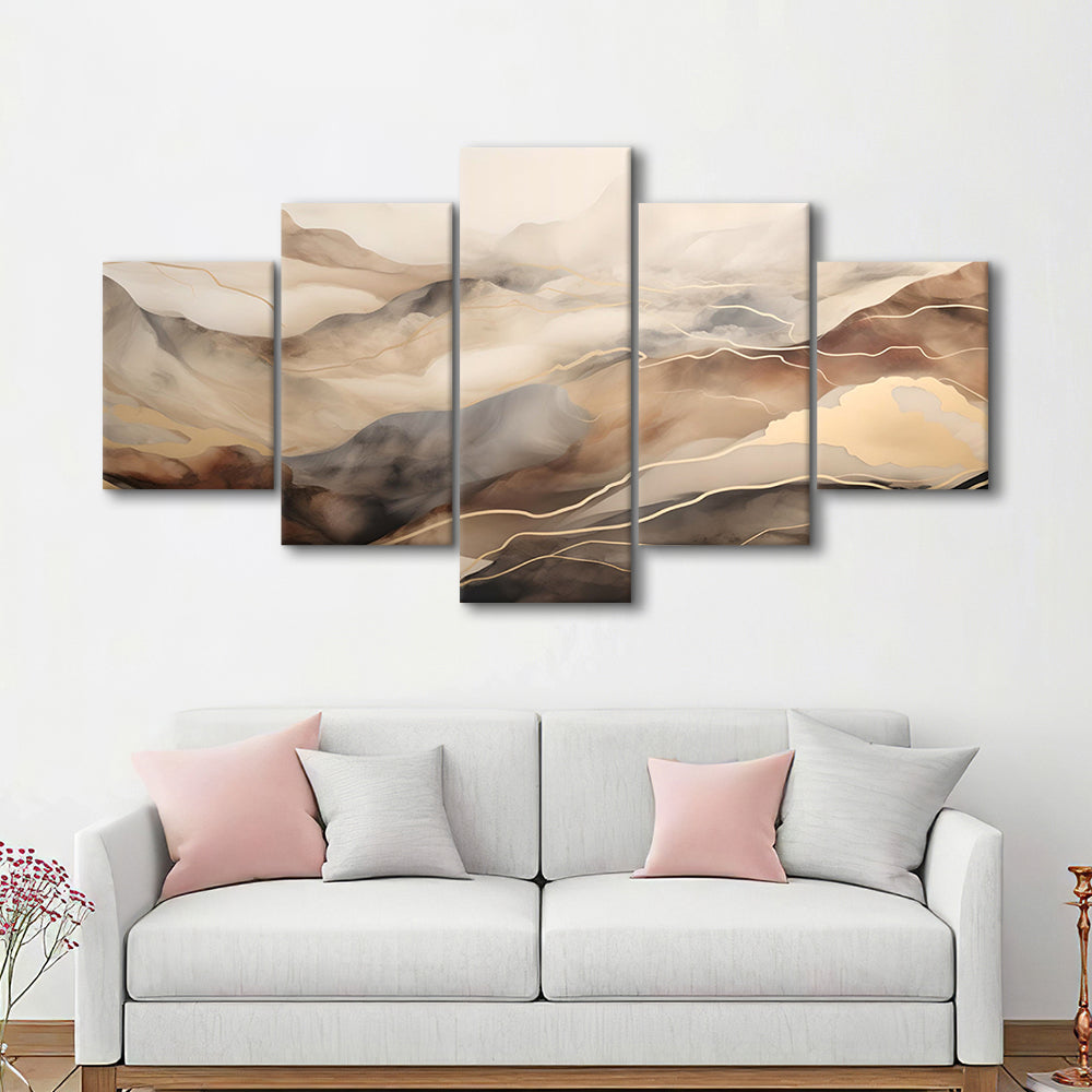 Brown Beige, Abstract Marble Mountain Landscape Painting, 5 Panel Mixed Canvas Print Wall Art, Large Canvas